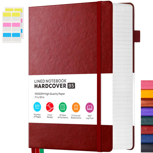 FOCUS DAY Thick Notebook Journals for Writing, Hardcover College Ruled Notebook Lined Journal for School Office Women and Men Work Organization, B5, 7.1'' X 10'', Burgundy, 320 Pages